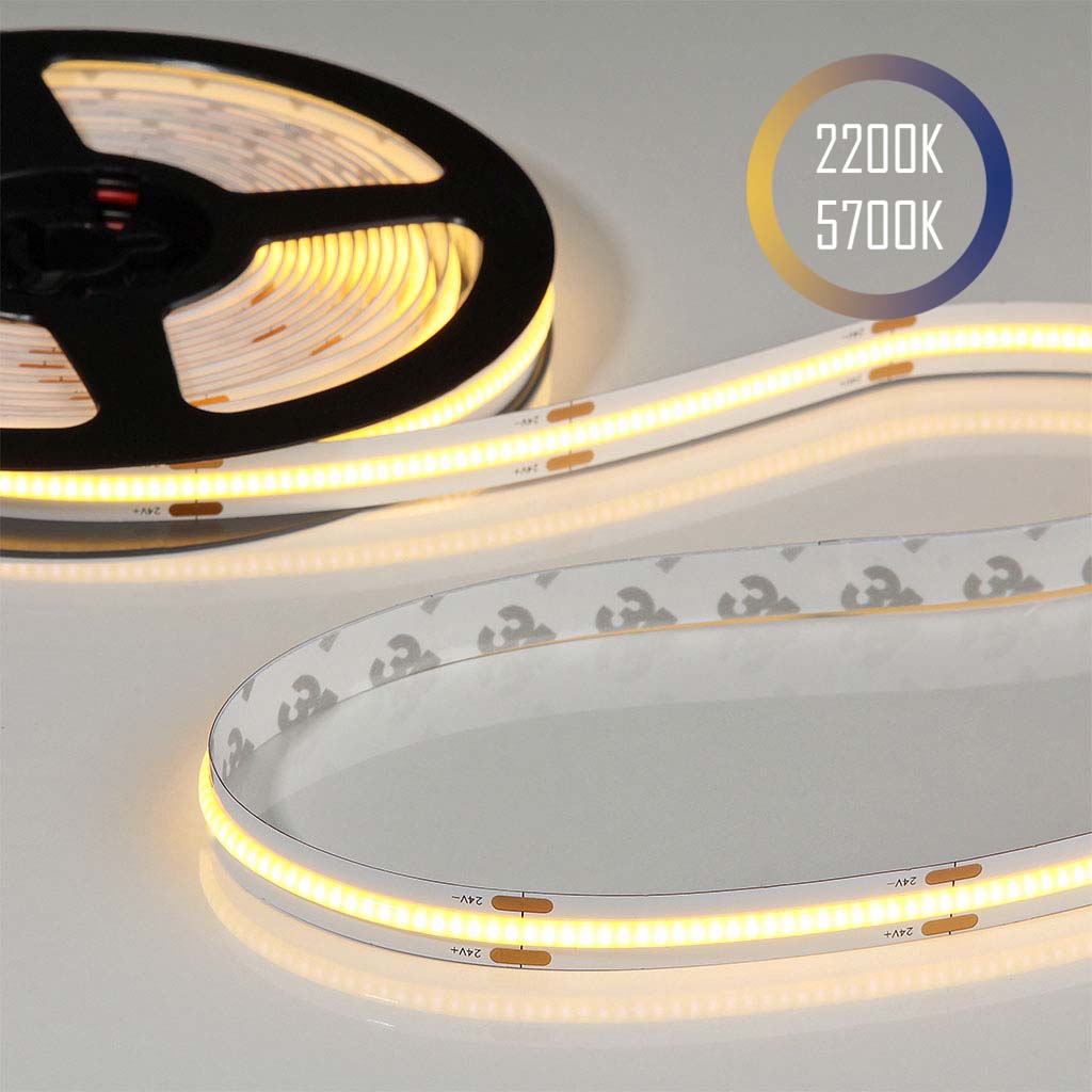 Flex COB CCT LED-Streifen 24V, 14W, 2200K/5700K, CRI90, 604LED, IP20, 10mm - 5 meter