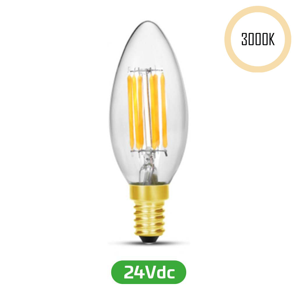 LED-Filament Kerze, 24V, 5W, 3000K, E14 (Adapter E27)